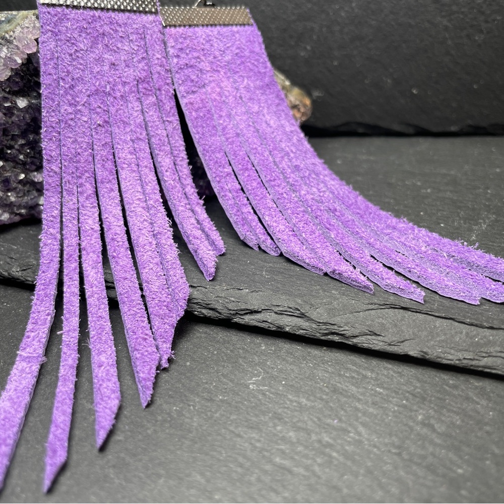 Genuine Suede In Deep Purple Hand Cut Fringe Boho Earrings